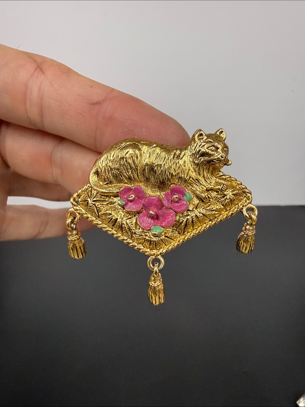 Gold-Tone Cat on Pillow Brooch with Pink Flower Accents